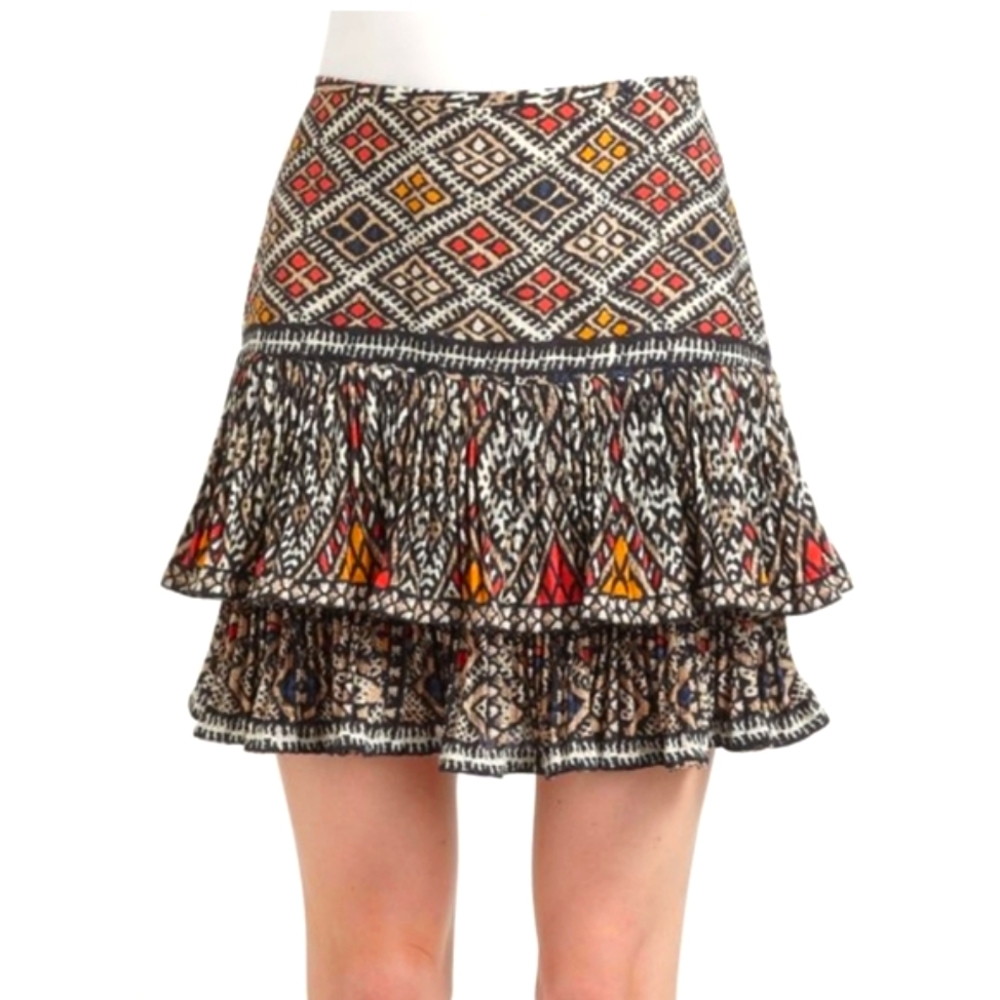 BCBG Max Azria Nima tiered layered pleat pattern tribal mini skirt 4 fits XS S